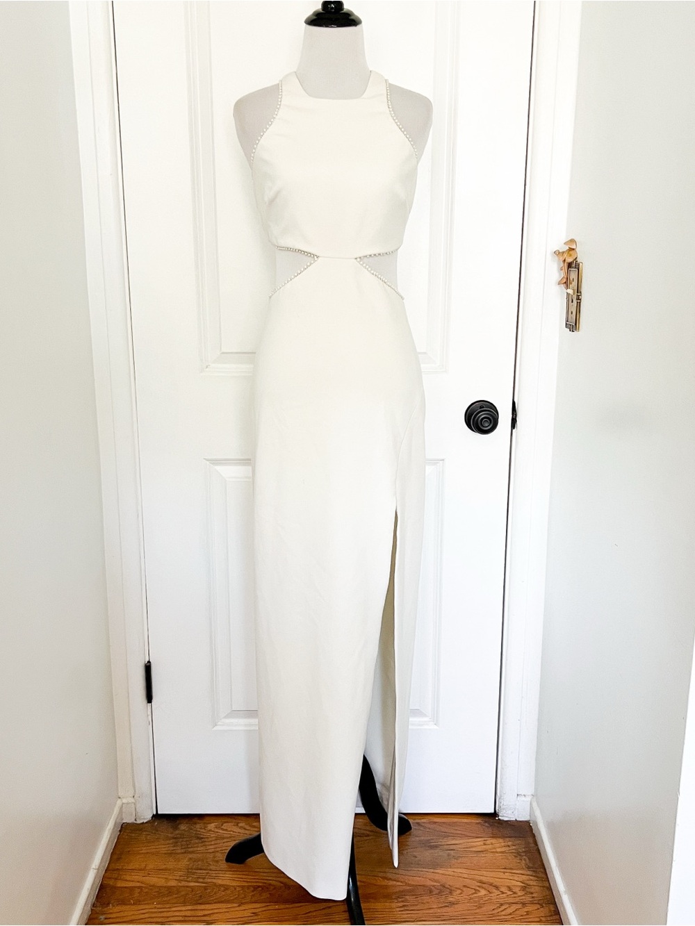 Likely Pearl Trim Ivory Halter Cutout Maxi Gown with Front Slit - Size 2